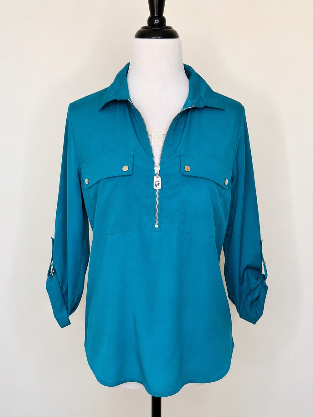 Michael Kors Women’s Dark Peacock Zip Front Utility Blouse Top NWT Size Medium
